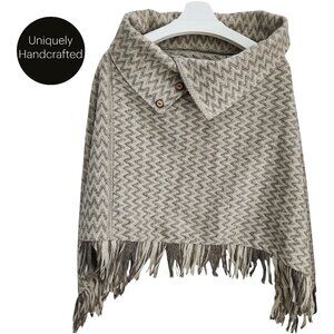 Handmade Beige/Grey Zig-Zag Woven Wool Poncho / Cape (one size)